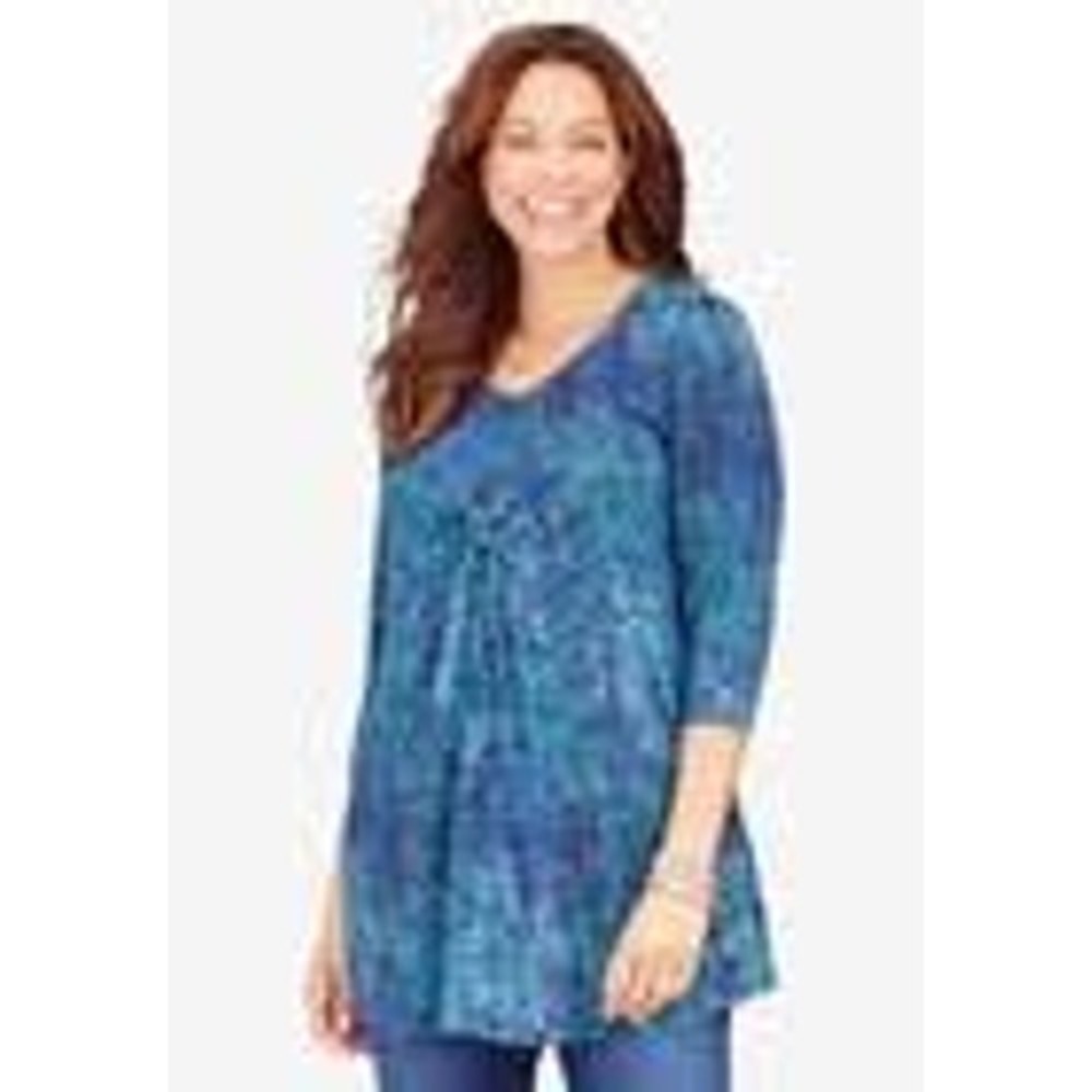 Catherines Twist Front Tunic Top 3X Blue Turquoise Womens 3/4 Sleeve Stretchy